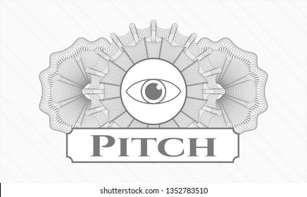 Grey passport rosette with eye icon and Pitch text inside