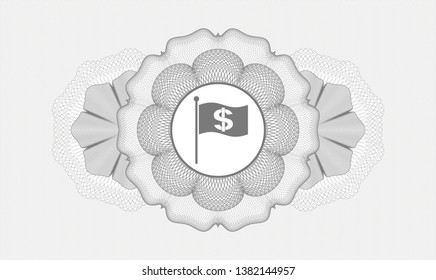 Grey passport rosette with flag with money symbol inside icon inside