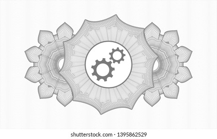 Grey passport rosette with gear, team work icon inside