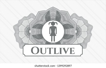 Grey passport rosette with girl icon and Outlive text inside