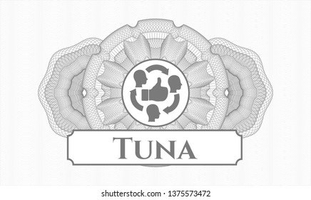 Grey passport rosette with good customer feedback icon and Tuna text inside