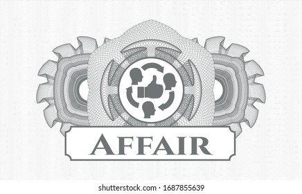 Grey passport rosette with good customer feedback icon and Affair text inside