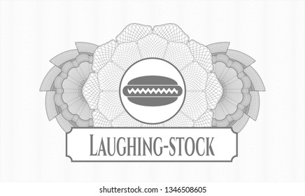 Grey passport rosette with hot dog icon and Laughing-stock text inside