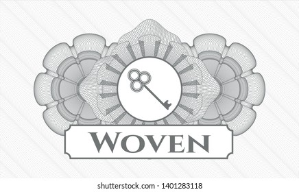 Grey passport rosette with key icon and Woven text inside