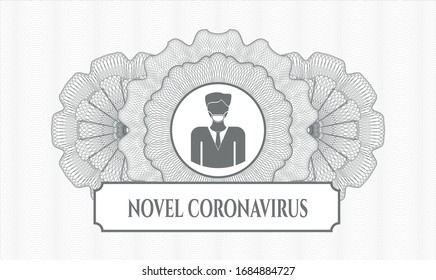 Grey passport rosette with man wearing face mask icon and Novel Coronavirus text inside