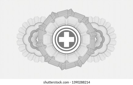 Grey passport rosette with medicine icon inside