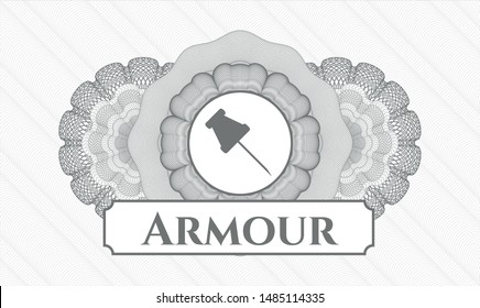 Grey passport rosette with paper pin icon and Armour text inside