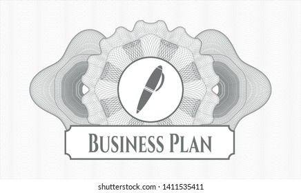 Grey passport rosette with pen icon and Business Plan text inside