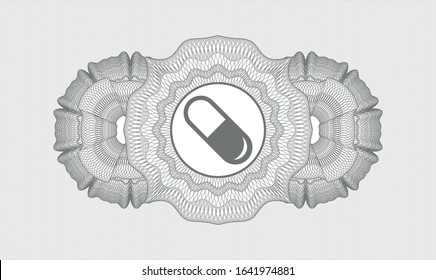 Grey passport rosette with pill icon inside