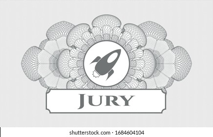 Grey passport rosette with rocket icon and Jury text inside