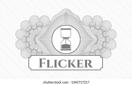 Grey passport rosette with sand clock icon and Flicker text inside