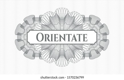 Grey passport rosette with text Orientate inside