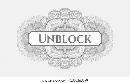 Grey passport rosette with text Unblock inside