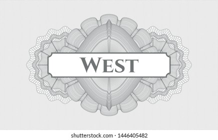 Grey passport rosette with text West inside