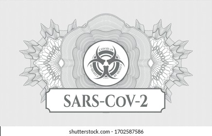 Grey passport rosette. Vector Illustration. Detailed with biohazard covid-19 icon and SARS-CoV-2 text inside