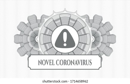 Grey passport rosette. Vector Illustration. Detailed with warning icon and Novel Coronavirus text inside