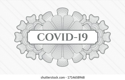 Grey passport rosette. Vector Illustration. Detailed with text COVID-19 inside