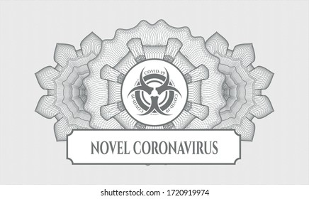 Grey passport rosette. Vector Illustration. Detailed with biohazard covid-19 icon and Novel Coronavirus text inside