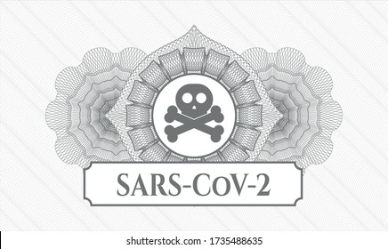 Grey passport rosette. Vector Illustration. Detailed with crossbones icon and SARS-CoV-2 text inside