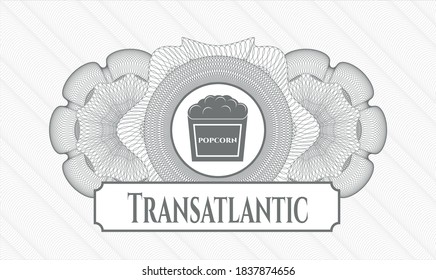 Grey passport rosette. Vector Illustration. Detailed with popcorn icon and Transatlantic text inside