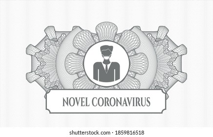 Grey passport rosette. Vector Illustration. Detailed with man wearing face mask icon and Novel Coronavirus text inside