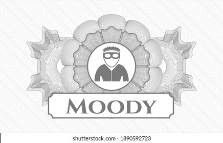 Graue Passrosette. Vektorgrafik. Detaillierte Angaben mit Dieb-Symbol und Moody-Text im Inneren