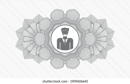 Graue Passrosette. Vektorgrafik. Detaillierte Angaben mit einem Mann mit einer Gesichtsmaske-Ikone im Inneren