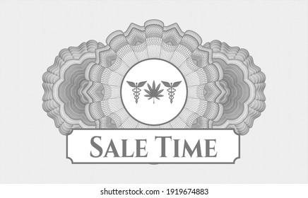 Grey passport rosette. Vector Illustration. Detailed with medicinal weed icon and Sale Time text inside