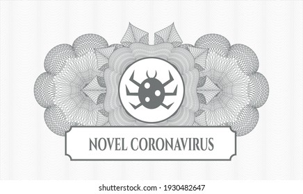 Grey passport rosette. Vector Illustration. Detailed with bug icon and Novel Coronavirus text inside