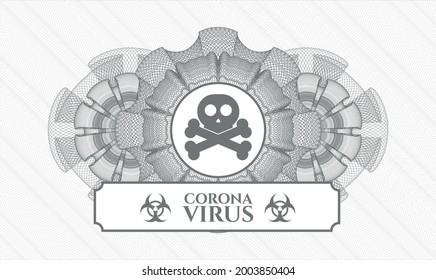 Graue Passrosette. Vektorgrafik. Detaillierte Angaben mit dem Symbol für Querknochen und dem Text von Coronavirus