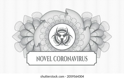 Grey passport rosette. Vector Illustration. Detailed with biohazard covid-19 icon and Novel Coronavirus text inside