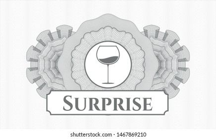 Grey passport rosette with wine cup icon and Surprise text inside
