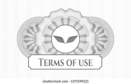 Grey passport rosette with wings icon and Terms of use text inside