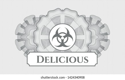 Grey passport style rosette with biohazard icon and Delicious text inside