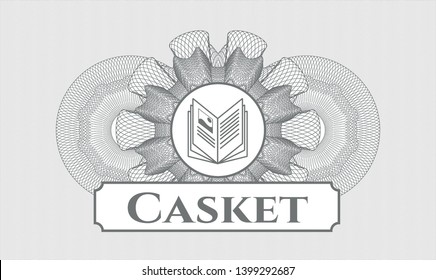 Grey passport style rosette with book icon and Casket text inside