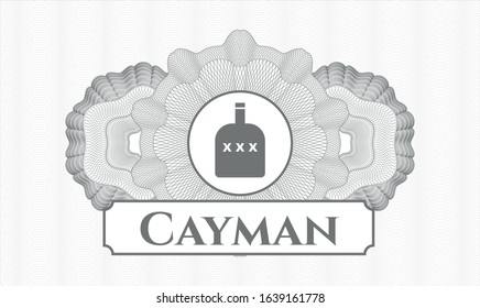 Grey passport style rosette with bottle of alcohol icon and Cayman text inside
