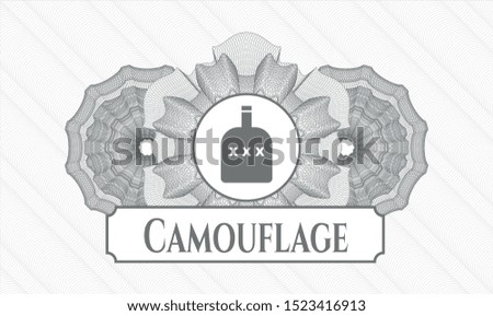Grey passport style rosette with bottle of alcohol icon and Camouflage text inside