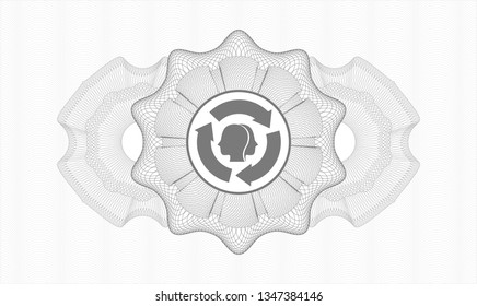 Grey passport style rosette with brain storm icon inside