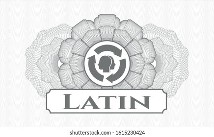 Grey passport style rosette with brain storm icon and Latin text inside