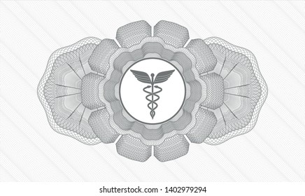 Grey passport style rosette with Caduceus medical icon inside