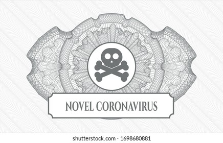 Grey passport style rosette with crossbones icon and Novel Coronavirus text inside