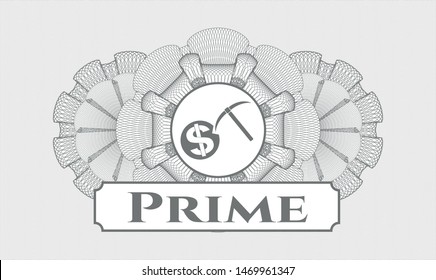 Grey passport style rosette with cryptocurrency mining icon and Prime text inside