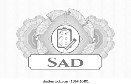 Grey passport style rosette with customer feedback icon and Sad text inside
