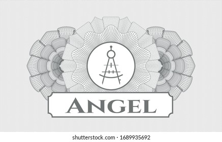 Rosette estilo pasaporte gris con icono de brújula de dibujo y texto Angel dentro