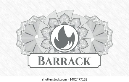 Grey passport style rosette with fire icon and Barrack text inside