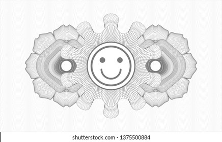 Grey passport style rosette with happy face icon inside