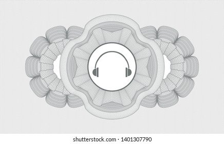 Grey passport style rosette with headphones icon inside