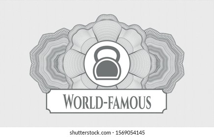 Grey passport style rosette with kettlebell icon and World-famous text inside