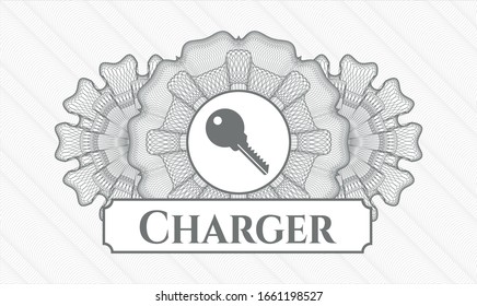 Graue Passrosette mit Schlüsselsymbol und Charger-Text im Inneren