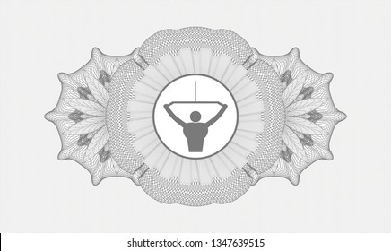 Grey passport style rosette with lat pull down, exercise icon inside